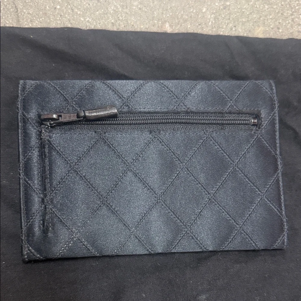 Authentic CHANEL Black Satin Quilted Clutch with Gold Logo - Picture 4 of 12